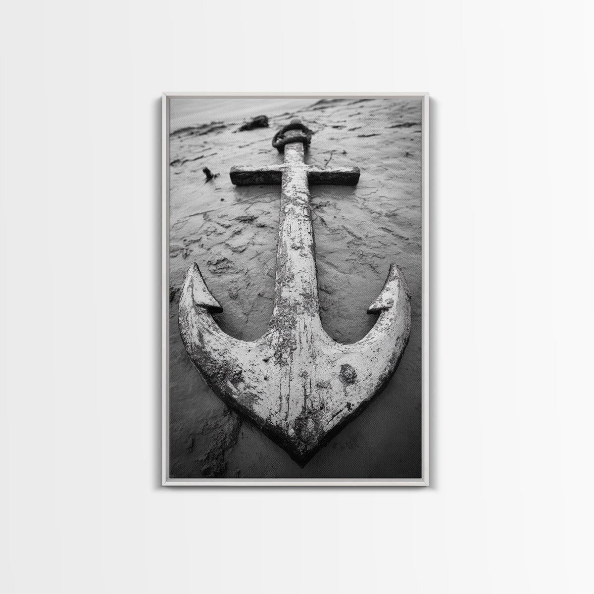 Abandoned Anchor, Nautical Decor, Black White Beach, Framed Canvas Print, Rustic Coastal Wall Art, Entryway Nautical Accent