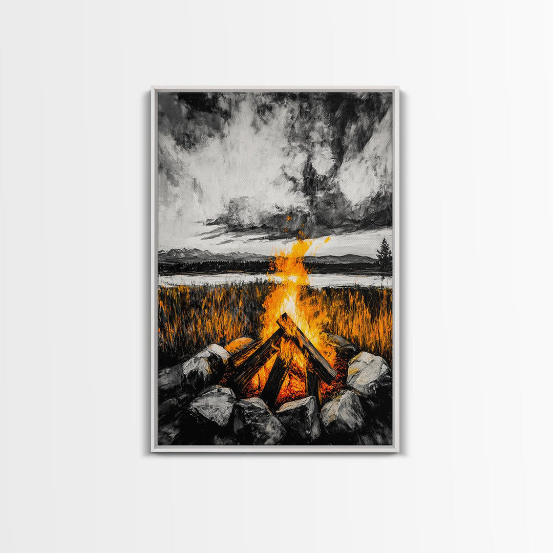 Campfire Painting, Moody Art, Rustic Wall Decor, Fire Pit Artwork, Black White Orange Art, Framed Canvas Print, Cabin Wall Art
