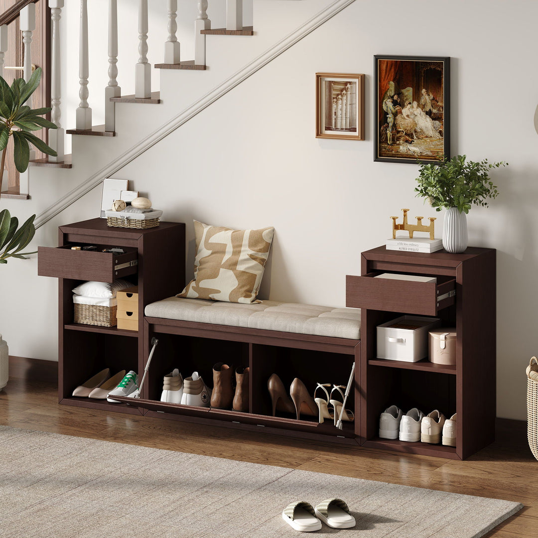 Entryway Storage Bench With Cushion, Drawers &amp; Open Shelves