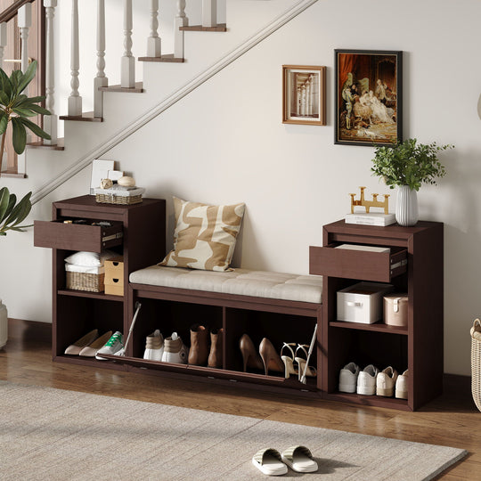 Entryway Storage Bench With Cushion, Drawers &amp; Open Shelves