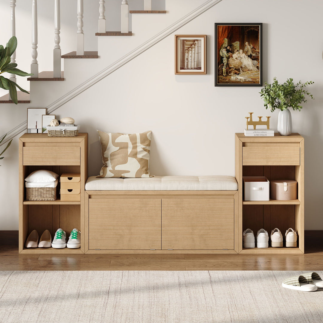 Entryway Storage Bench With Cushion, Drawers &amp; Open Shelves