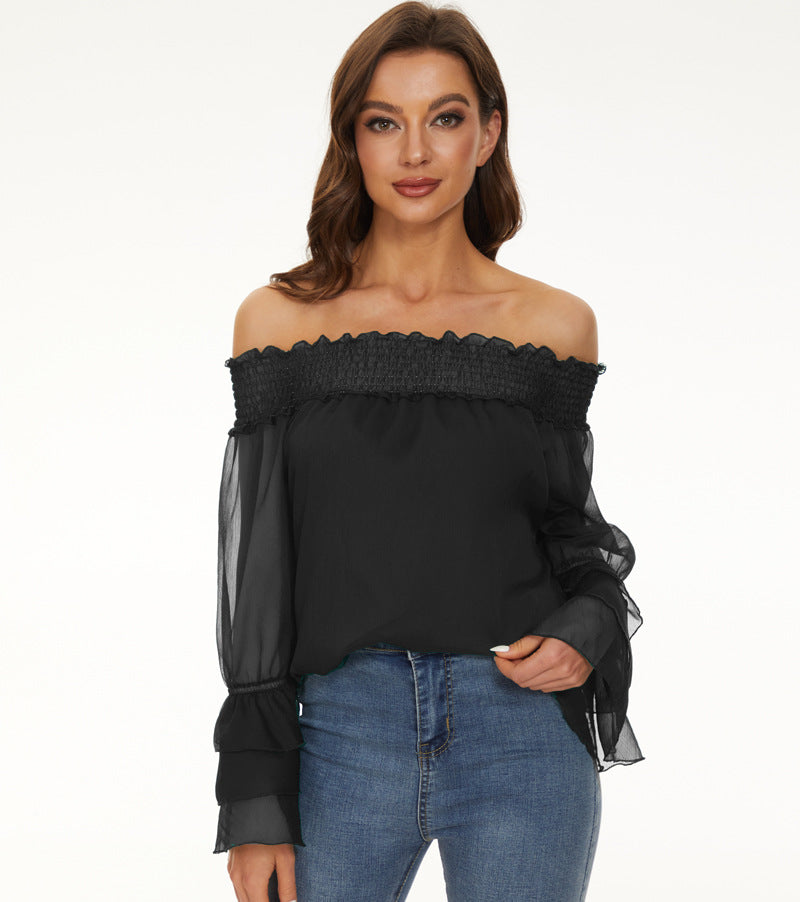 Off-shoulder Casual Long-sleeve Chiffon Top With Polka Dots