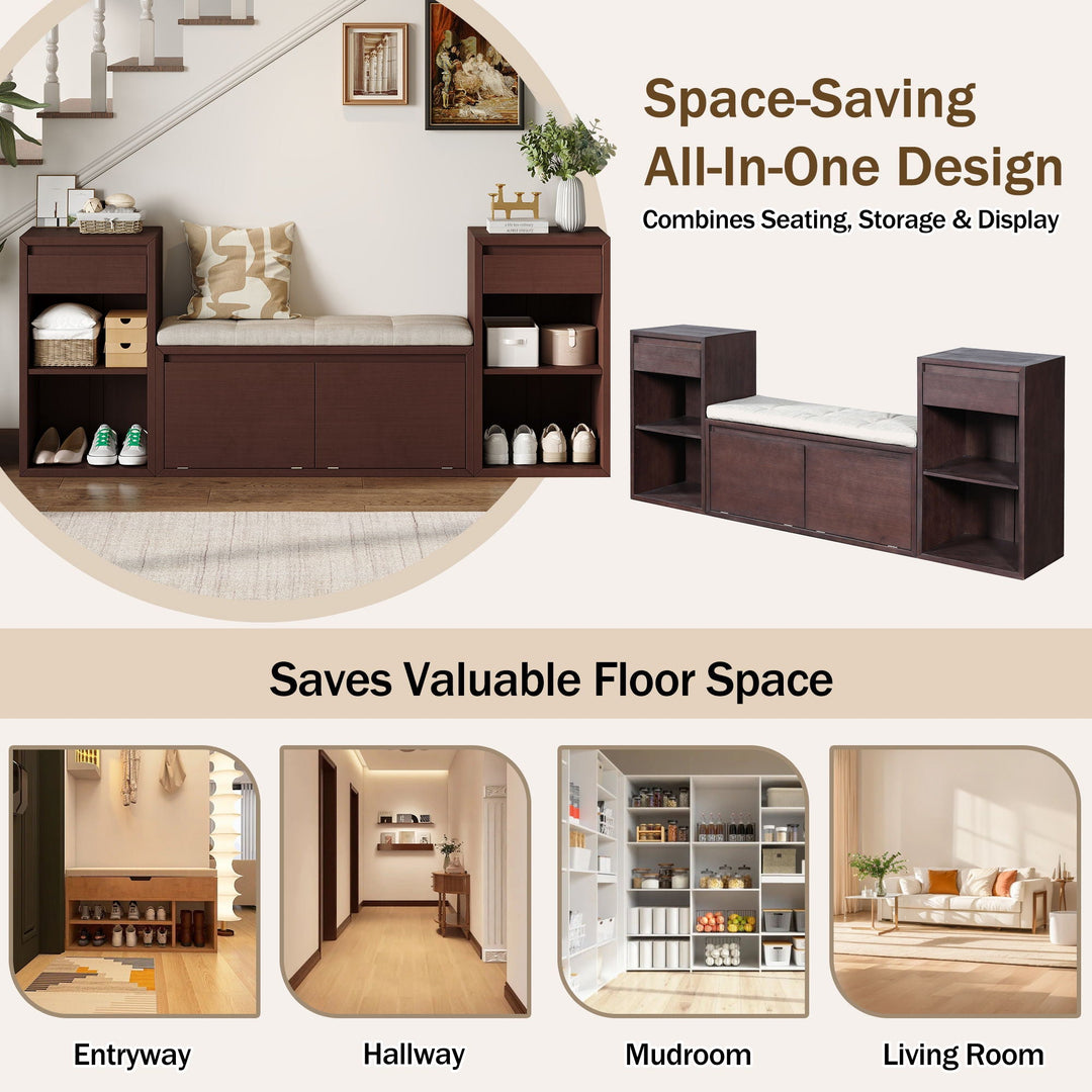 Entryway Storage Bench With Cushion, Drawers &amp; Open Shelves