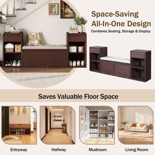 Entryway Storage Bench With Cushion, Drawers &amp; Open Shelves