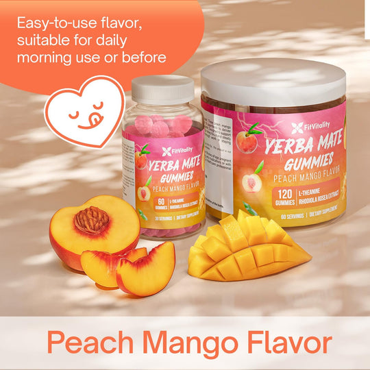 Yerba Mate Gummies – Super Focus &amp; Energy Support – Formulated with Yerba Mate Extract, L-Theanine, Rhodiola, Ginseng, Choline, B12 – Peach Mango Flavor