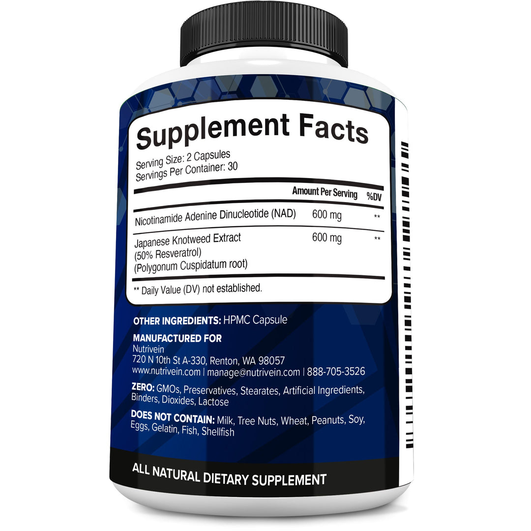 Nutrivein Premium NAD + Resveratrol Supplement 1200 mg - 30 Servings (60 Capsules)