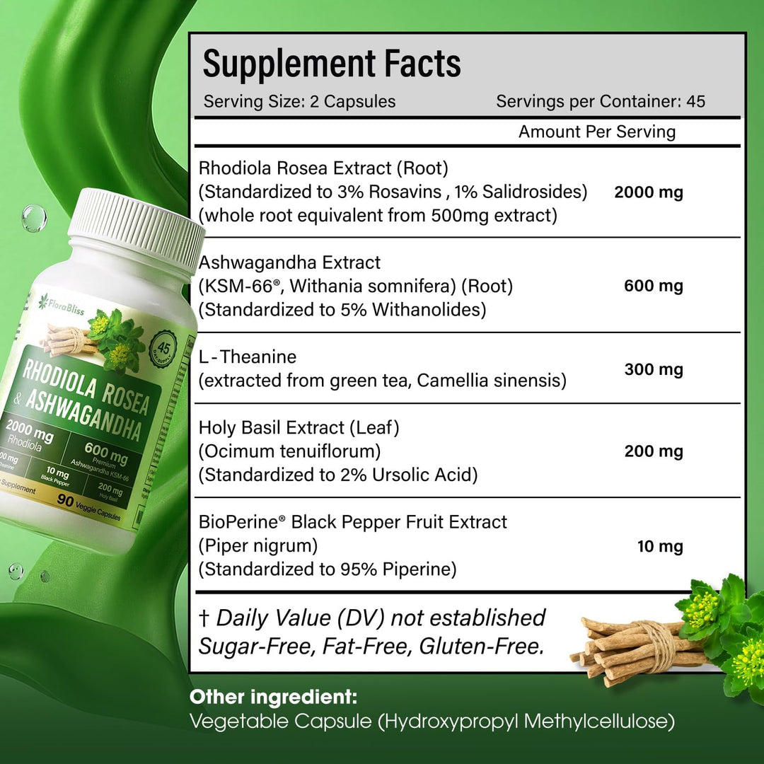 Rhodiola Rosea 2000mg with Ashwagandha KSM-66, L-Theanine, Holy Basil &amp; BioPerine - High Potency Vegan Capsules