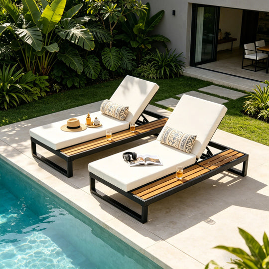 Black Iron &amp; Teak Finish Chaise Lounge Set