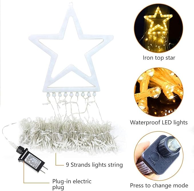 Christmas Decoration Lights, Outdoor Christmas String Lights 320 LED 11.5 Ft Waterfall Tree Lights with Big Star Topper 8 Light Modes for Christmas New Year Holiday Garden Yard Indoor Outdoor Decor