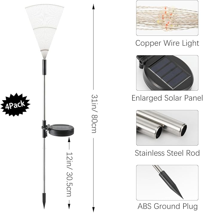Firework Solar Garden Lights 4 Pack, 120 LED Solar Firework Lights with 8 Lighting Modes, Waterproof Sparkler Starburst Solar Lights Outdoor for Yard Porch Patio Backyard, Warm