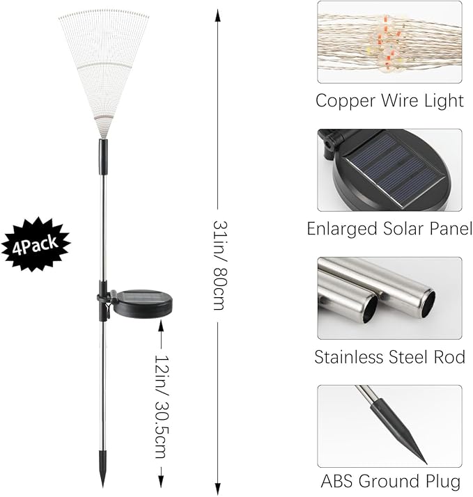 Firework Solar Garden Lights, 120 LED Solar Firework Lights with 8 Lighting Modes, Waterproof Sparkler Starburst Solar Lights Outdoor for Yard Porch Patio Backyard Decor Present, 4 Pack