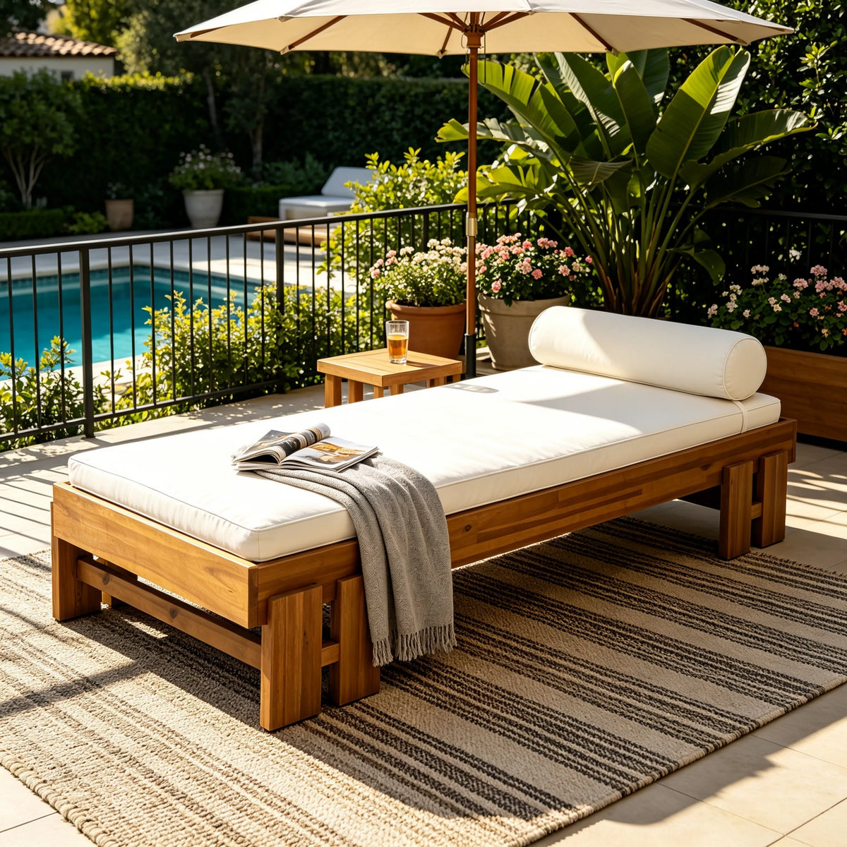 Daybed: Teak Finish Acacia Wood with Luxurious Cream Cushion