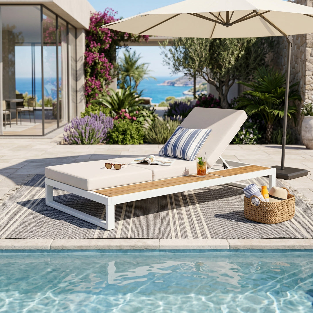 White Iron &amp; Teak Finish Chaise Lounge Set