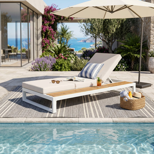 White Iron &amp; Teak Finish Chaise Lounge Set