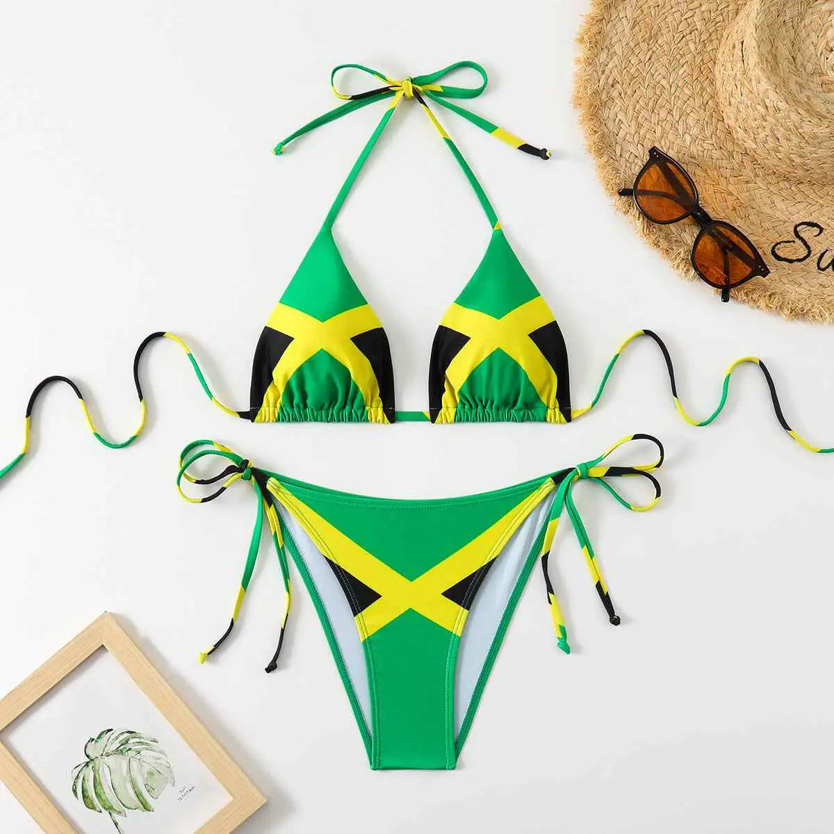 Jamaica Flag Print Women's Triangle Bikini Set - Halter Top & High Cut Bottom