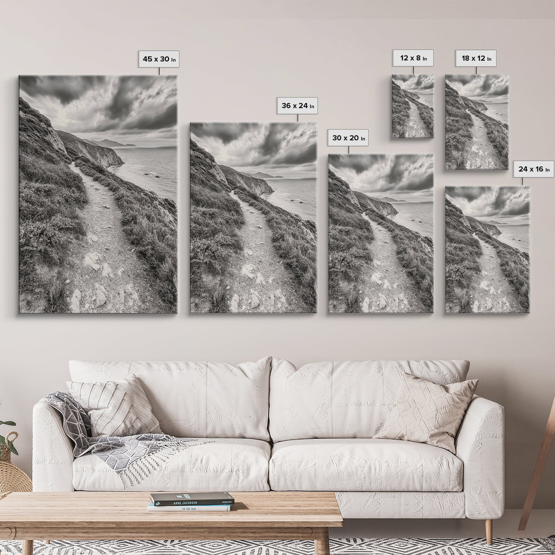 Cliffside Path, Coastal Trail, Ocean Escape, Canvas Print, Moody Landscape Wall Art, Living Room Decor, Adventure Travel Aesthetic