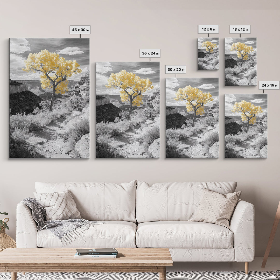 Autumn Canyon Trail, Yellow Tree, Nature Photography, Framed Canvas Print, Fall Wall Decor, Grand Canyon Print, Minimalist Landscape Art