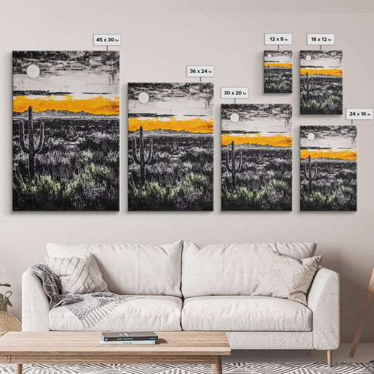 Cactus Sunset, black and white, moody desert art, yellow skyline, Joshua tree art, framed canvas print, extra wide art, rustic decor