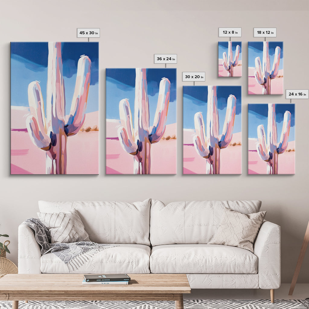 Abstract Cactus, Pastel Desert, Minimalist Landscape, Southwest Wall Art, Canvas Print, Vertical Wall Art, Boho Art, Light Pink Wall Art