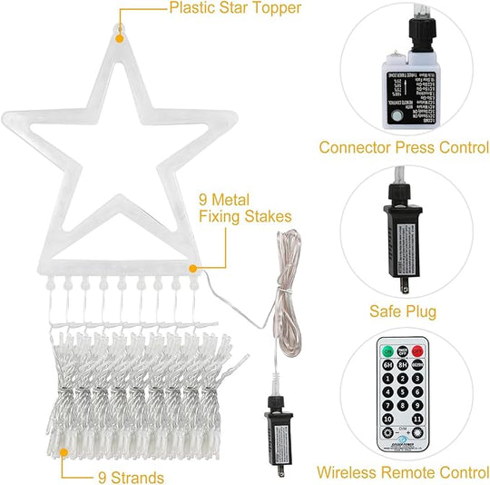Christmas Decoration Lights, Outdoor String Lights 320 LED 11.5 Ft Waterfall Tree With Big Star Topper 8 Modes for New Year Holiday Garden Yard Indoor Outdoor Decor