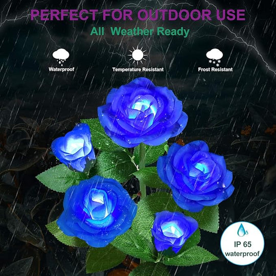 Solar Flower Lights Outdoor - Upgraded New Material Two Modes Realistic LED Solar Powered Waterproof Lights with 20 Roses, Solar Decorative Stake Lights for Garden (Blue, 4 Pack)