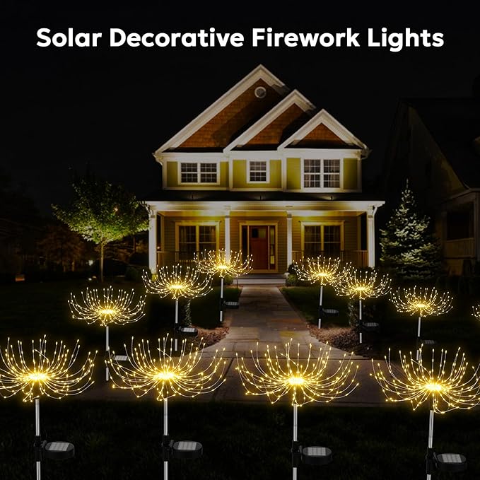 Solar Outdoor Lights Outdoor Waterproof 200 LED Firework Light Solar Powered Sparkles Landscape Fairy Light Outside Decorations Lights for Yard Patio Pathway Lawn Party Decoration, 8 Pack