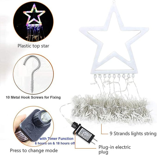 Christmas Decoration Lights, Outdoor Christmas String Lights 320 LED 11.5 Ft Waterfall Tree Lights with Big Star Topper 8 Light Modes for Christmas New Year Holiday Garden Yard Indoor Outdoor Decor