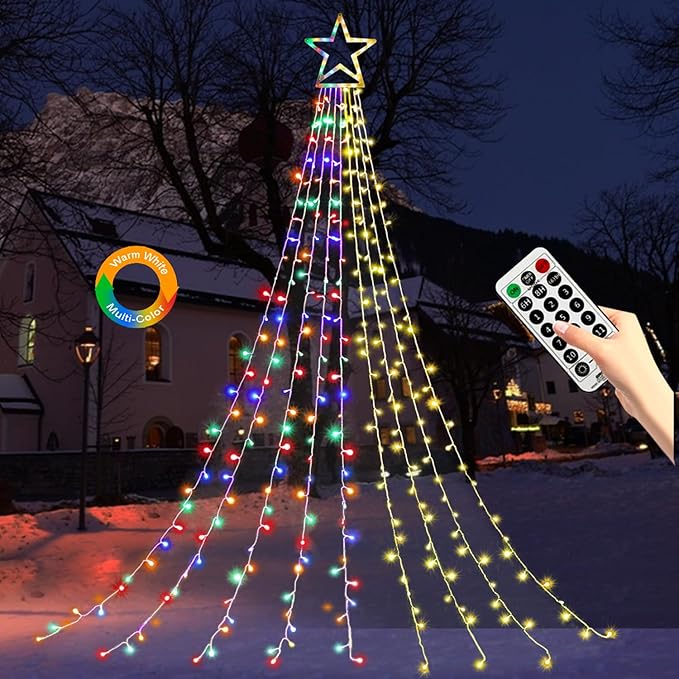 Christmas Decoration Lights, Outdoor String Lights 320 LED 11.5 Ft Waterfall Tree With Big Star Topper 8 Modes for New Year Holiday Garden Yard Indoor Outdoor Decor
