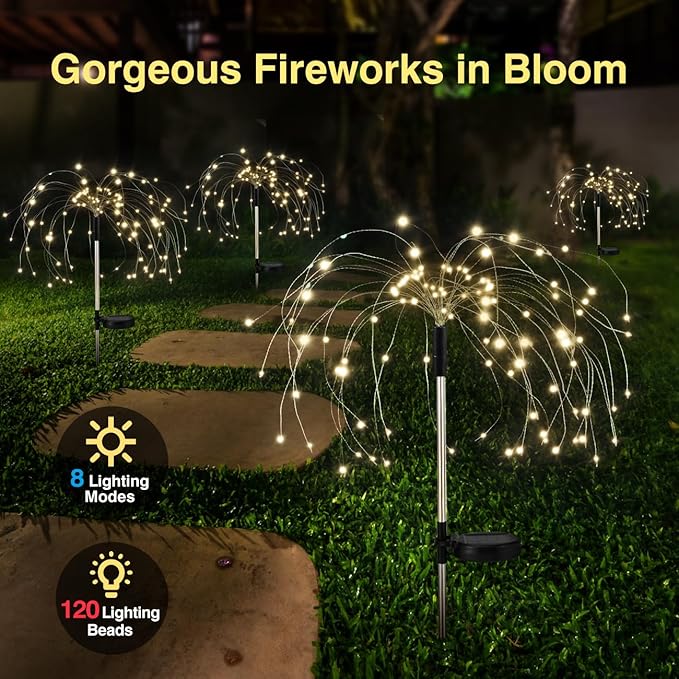 Firework Solar Garden Lights 4 Pack, 120 LED Solar Firework Lights with 8 Lighting Modes, Waterproof Sparkler Starburst Solar Lights Outdoor for Yard Porch Patio Backyard, Warm