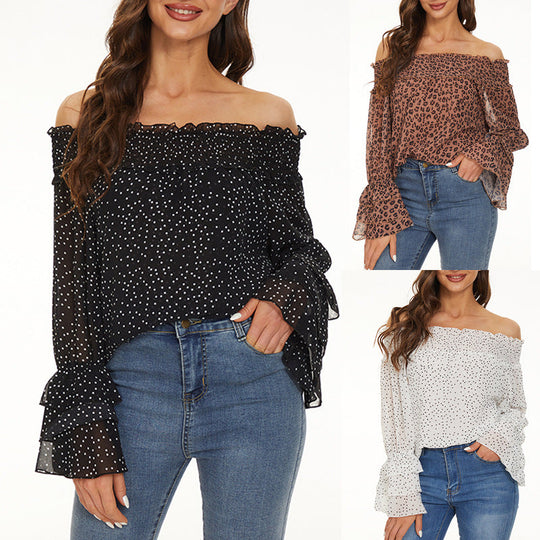 Off-shoulder Casual Long-sleeve Chiffon Top With Polka Dots