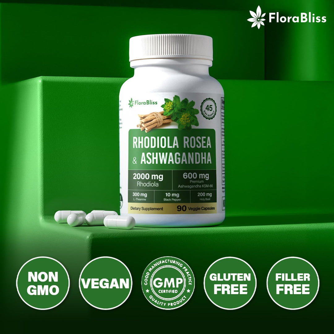 Rhodiola Rosea 2000mg with Ashwagandha KSM-66, L-Theanine, Holy Basil &amp; BioPerine - High Potency Vegan Capsules