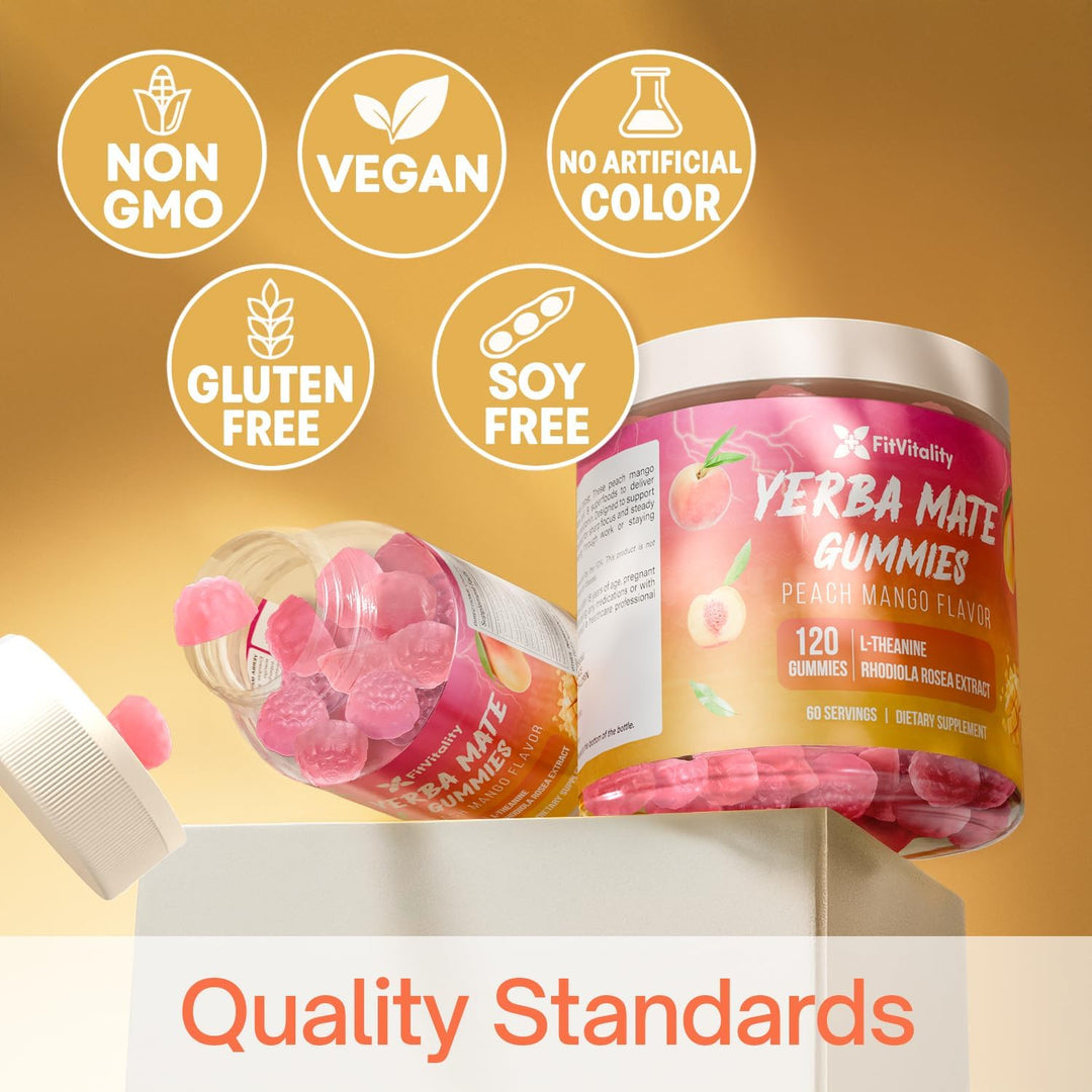 Yerba Mate Gummies – Super Focus &amp; Energy Support – Formulated with Yerba Mate Extract, L-Theanine, Rhodiola, Ginseng, Choline, B12 – Peach Mango Flavor