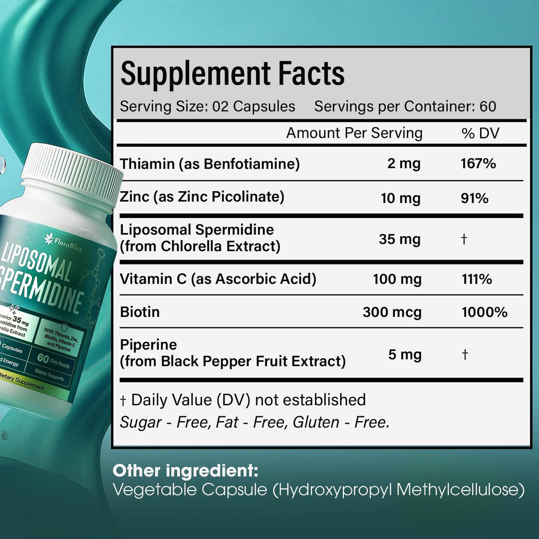 Spermidine Supplement from Chlorella with Thiamin, Zinc, Biotin, &amp; Vitamin C | 120 Capsules | Gluten-Free for Cellular Renewal, Healthy Aging &amp; Vitality Support | 60-Day Supply