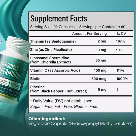 Spermidine Supplement from Chlorella with Thiamin, Zinc, Biotin, &amp; Vitamin C | 120 Capsules | Gluten-Free for Cellular Renewal, Healthy Aging &amp; Vitality Support | 60-Day Supply
