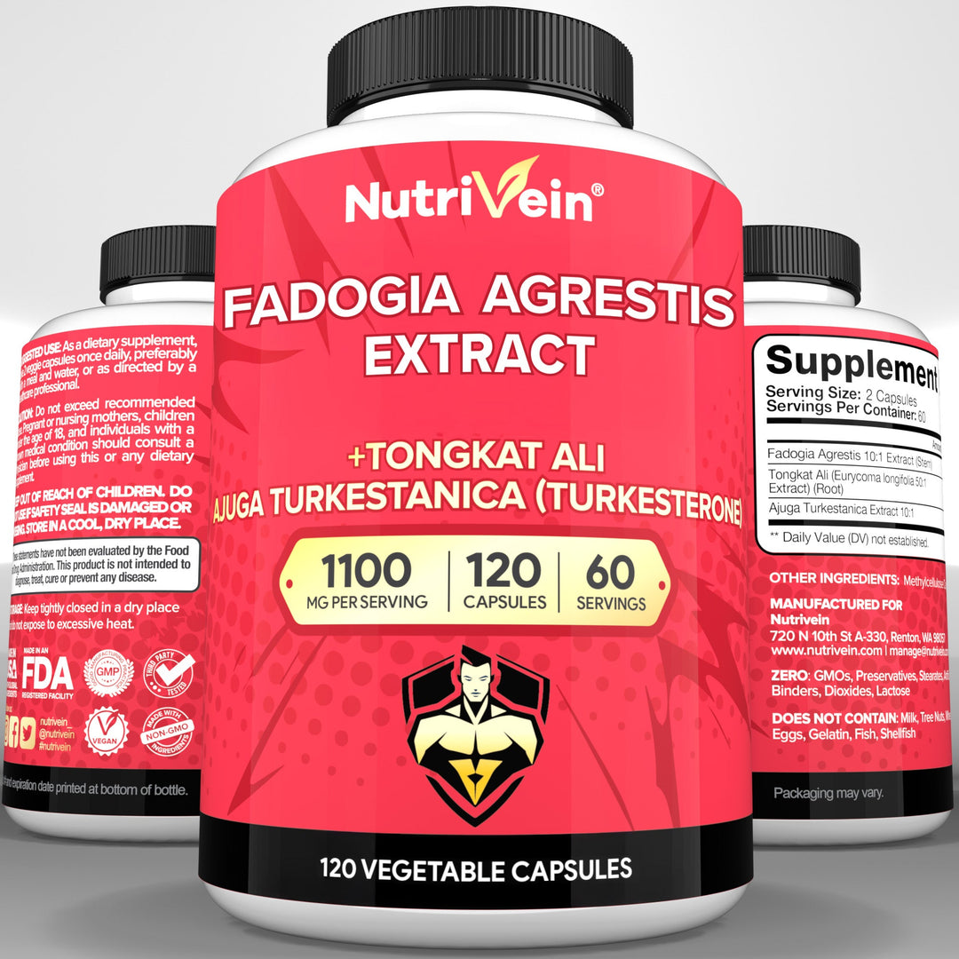 Nutrivein Premium Fadogia Agrestis and Tongkat Ali Supplement with Turkesterone - 1100 mg - 120 Caps