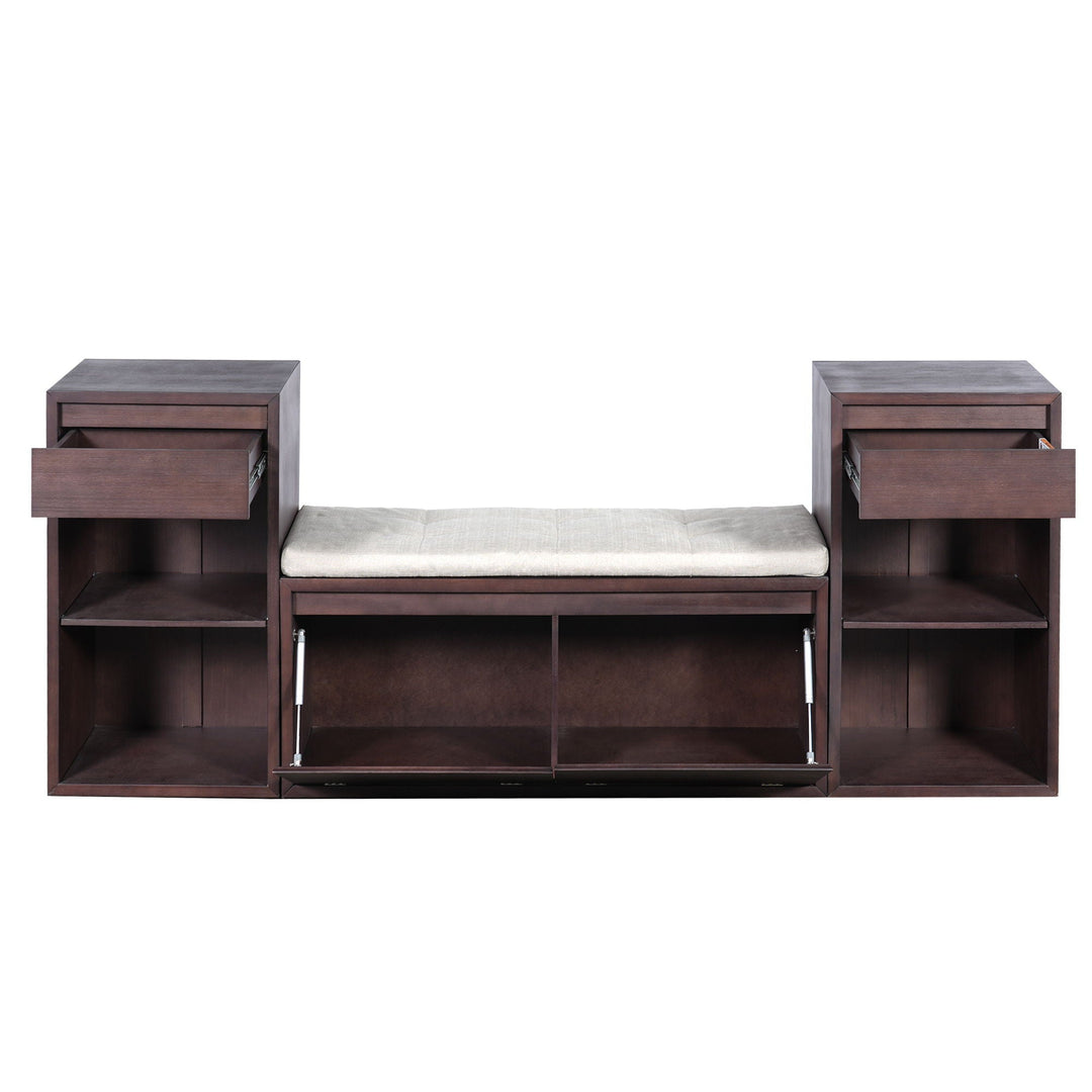 Entryway Storage Bench With Cushion, Drawers &amp; Open Shelves