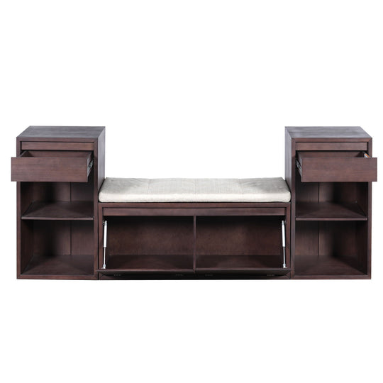 Entryway Storage Bench With Cushion, Drawers &amp; Open Shelves