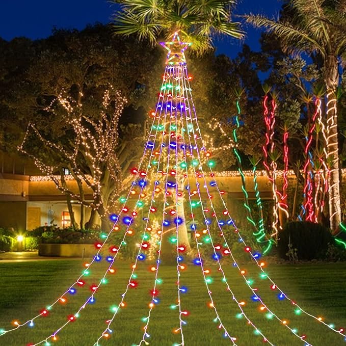 Christmas Decoration Lights, Outdoor Christmas String Lights 320 LED 11.5 Ft Waterfall Tree Lights with Big Star Topper 8 Light Modes for Christmas New Year Holiday Garden Yard Indoor Outdoor Decor