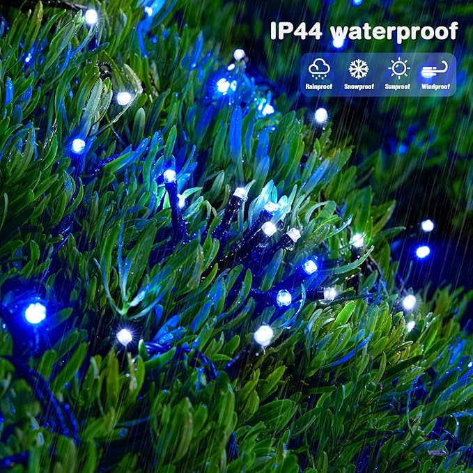 JMEXSUSS 250LED Christmas String Lights 91.5ft Extendable Green Wire Christmas Lights Outdoor Waterproof, 8 Modes LED String Lights Indoor for Tree Wedding Party Garden Patio Decoration, Blue &amp; White