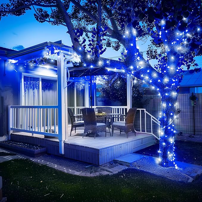 JMEXSUSS 250LED Christmas String Lights 91.5ft Extendable Green Wire Christmas Lights Outdoor Waterproof, 8 Modes LED String Lights Indoor for Tree Wedding Party Garden Patio Decoration, Blue &amp; White