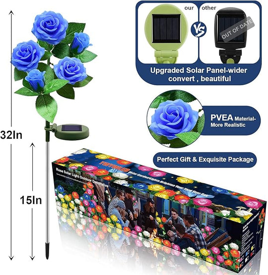 Solar Flower Lights Outdoor - Upgraded New Material Two Modes Realistic LED Solar Powered Waterproof Lights with 20 Roses, Solar Decorative Stake Lights for Garden (Blue, 4 Pack)
