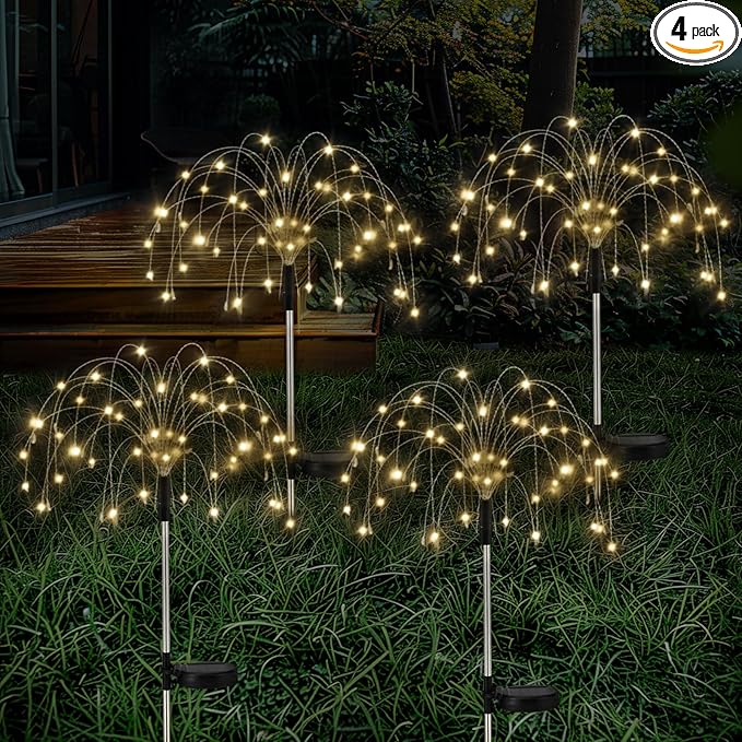 Firework Solar Garden Lights 4 Pack, 120 LED Solar Firework Lights with 8 Lighting Modes, Waterproof Sparkler Starburst Solar Lights Outdoor for Yard Porch Patio Backyard, Warm