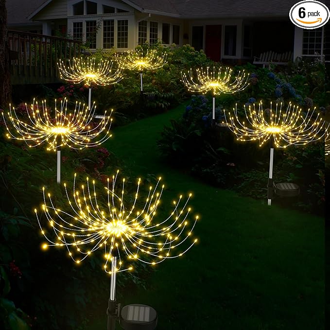 Solar Garden Lights Outdoor Waterproof 200 LED Fireworks Lights Solar Powered Sparkles Landscape Fairy Light Outside Decorations Light for Yard Patio Pathway Lawn Party Walkway Decor, 6 Pack