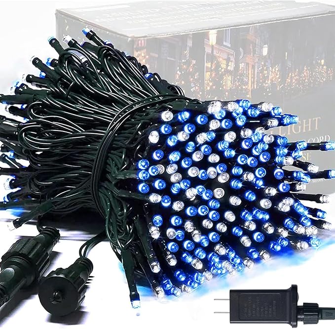 JMEXSUSS 250LED Christmas String Lights 91.5ft Extendable Green Wire Christmas Lights Outdoor Waterproof, 8 Modes LED String Lights Indoor for Tree Wedding Party Garden Patio Decoration, Blue &amp; White