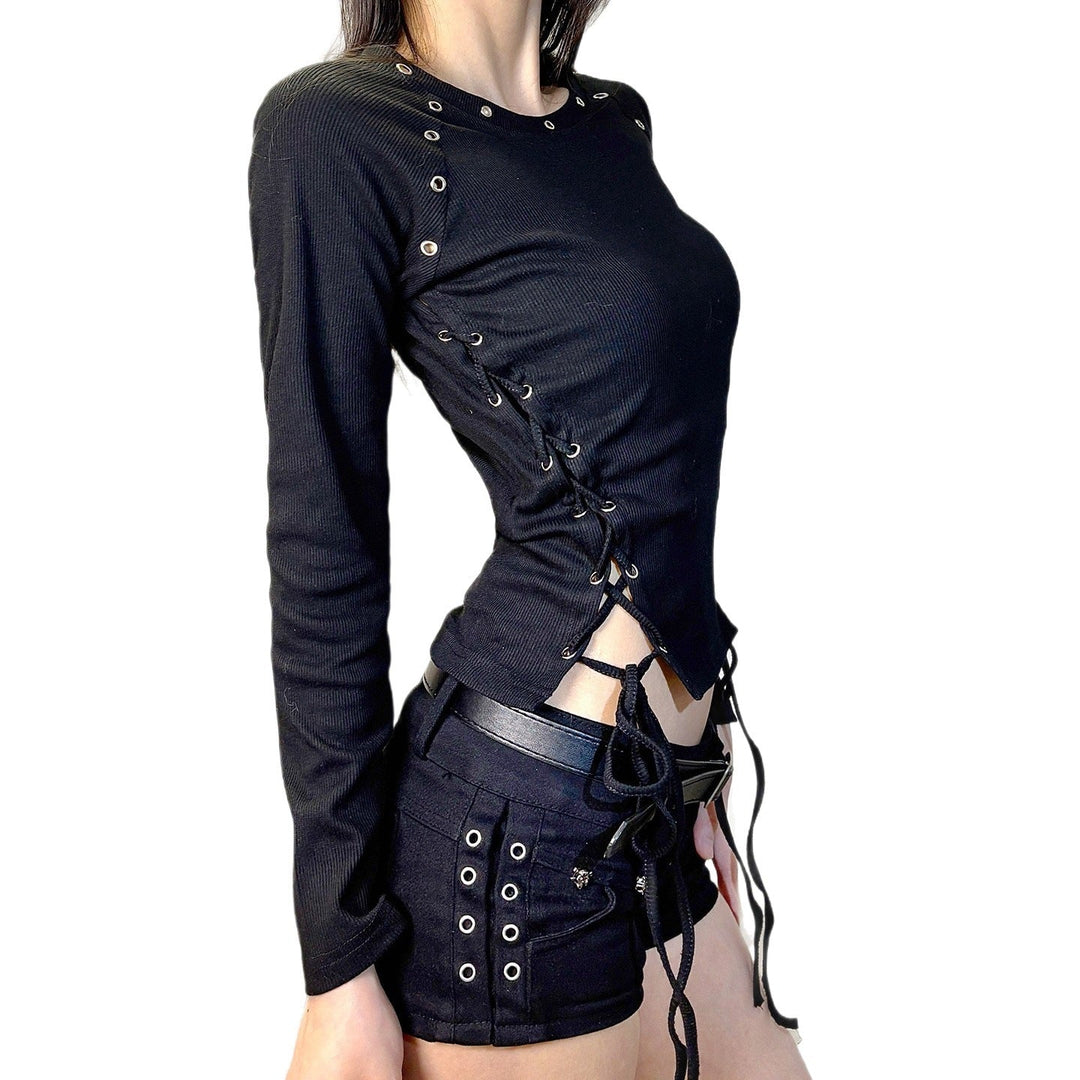 Post-apocalyptic Dark-style Crew-neck Long Sleeves With Eyelet Drawstrings And Lace-up Detailing