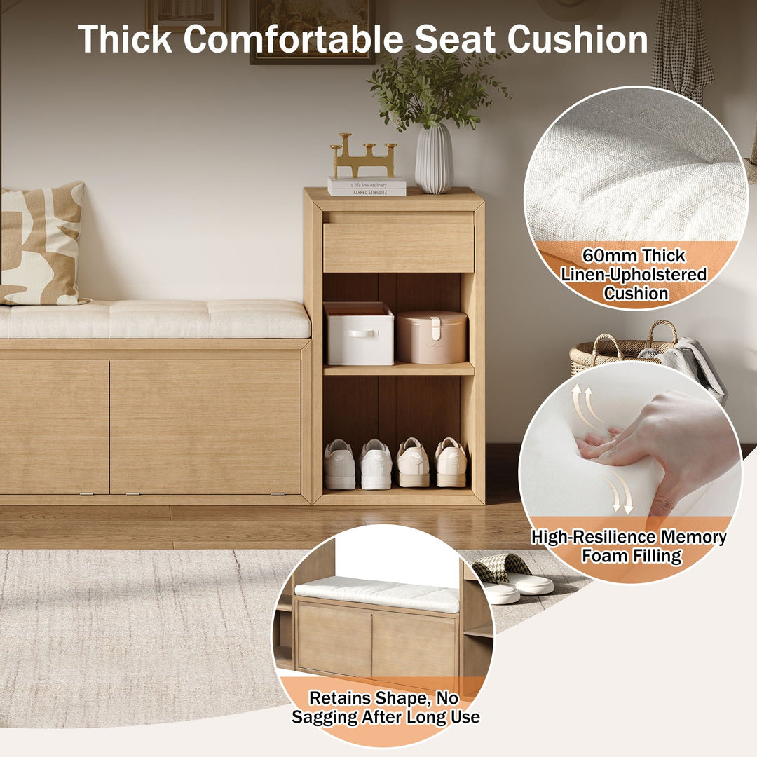 Entryway Storage Bench With Cushion, Drawers &amp; Open Shelves