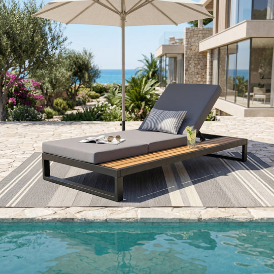 Black Iron &amp; Teak Finish Chaise Lounge Set: 1 Frame + 1 3-Fold Dark Cushion