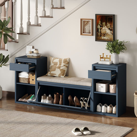 Entryway Storage Bench With Cushion, Drawers &amp; Open Shelves