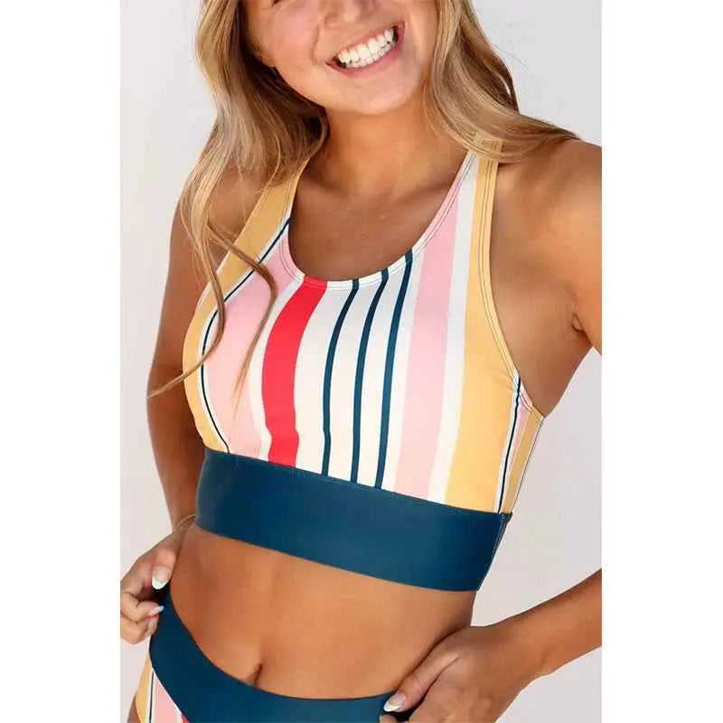 Striped Women's Vest with High Waist Swim Trunks Set