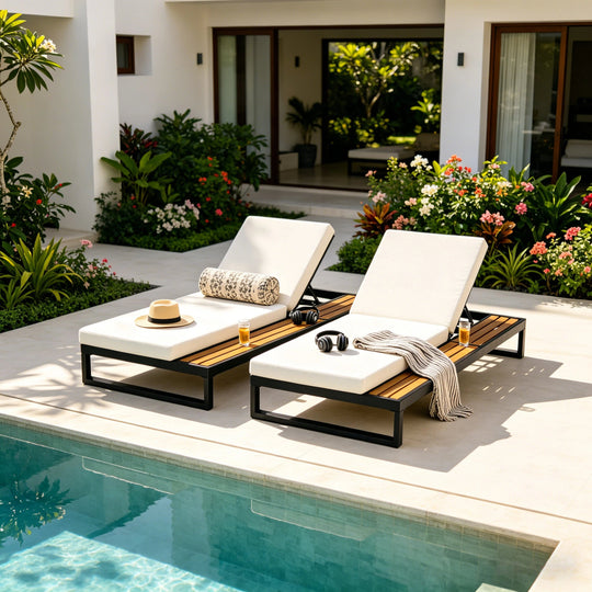 Black Iron &amp; Teak Finish Chaise Lounge Set